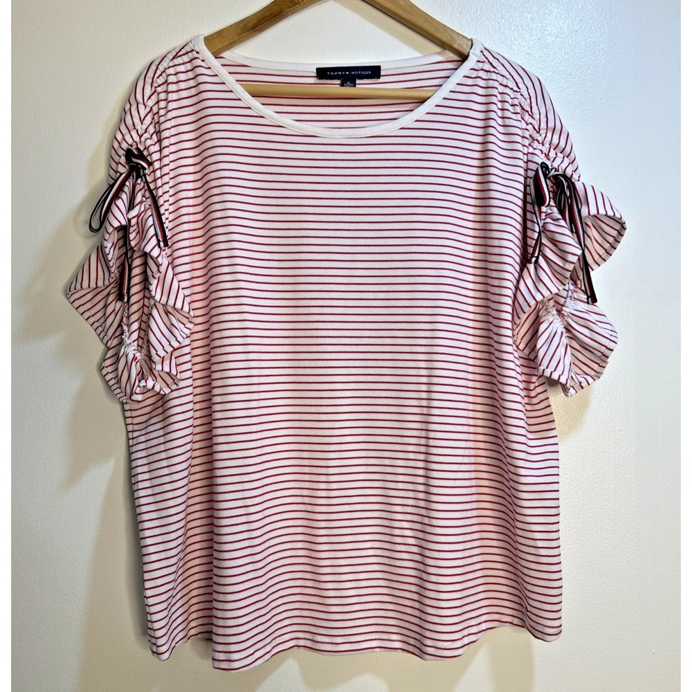 Tommy Hilfiger Women's Striped Ruffled-Sleeve Top Accent Ties Red White Size XL‎